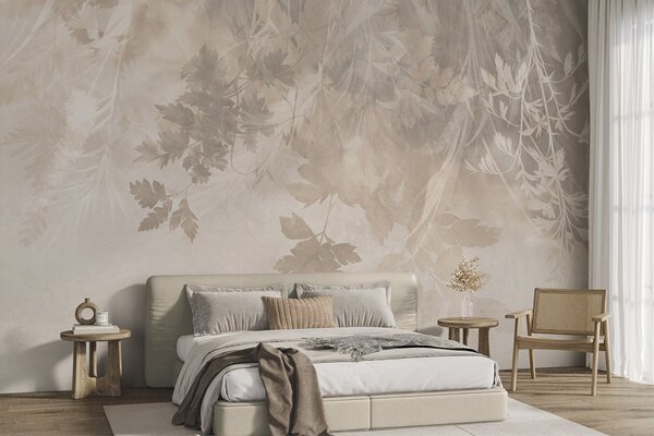 Carta da parati Foglie e rami dalla trama marcata su uno sfondo beige tenue e smorzato, Carta da parati Buffer, w10020 : Uwalls.it