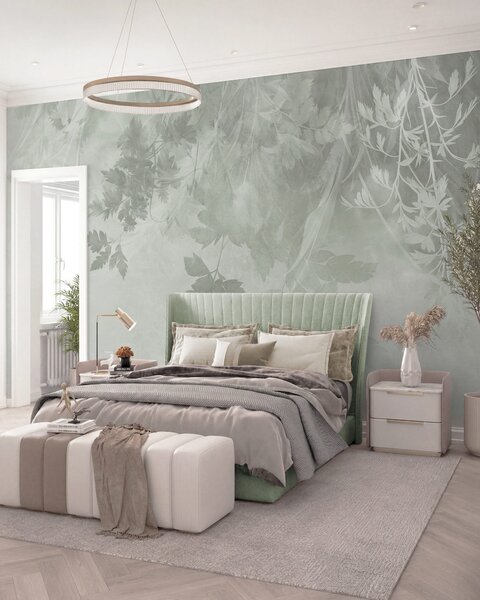 Carta da parati Foglie e rami dalla trama marcata su uno sfondo verde tenue e smorzato, Carta da parati Buffer, w10020v2 : Uwalls.it