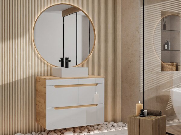 Mobile bagno sospeso con lavabo da appoggio 80 cm Naturale e Bianco - ARUBA