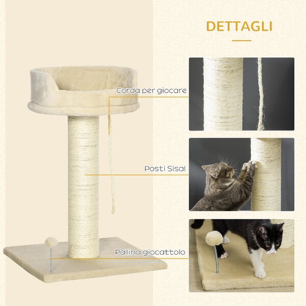 AllMyPets Albero Tiragraffi per Gatti con Lettino e Pallina in Peluche e Palo in Sisal 55x55x83cm Beige