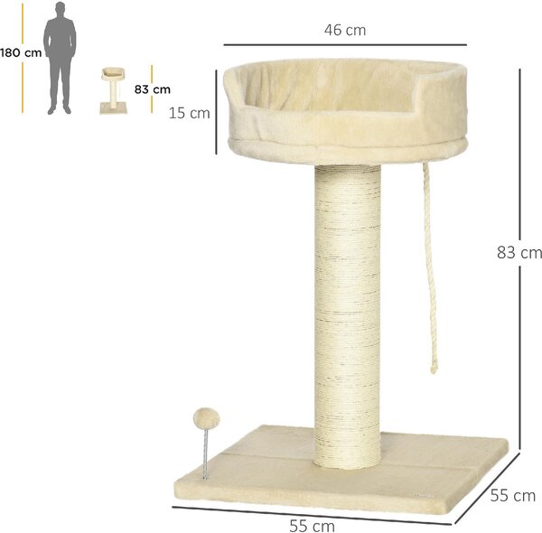 AllMyPets Albero Tiragraffi per Gatti con Lettino e Pallina in Peluche e Palo in Sisal 55x55x83cm Beige