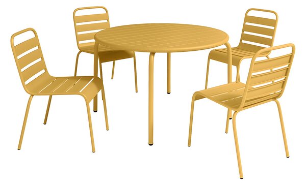 Sala da pranzo da giardino un tavolo D.110 cm e 4 sedie impilabili Metallo Giallo senape - MIRMANDE di MYLIA