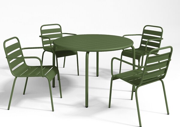 Sala da pranzo da giardino in Metallo Kaki MIRMANDE: un tavolo D.110cm e 4 poltrone impilabili
