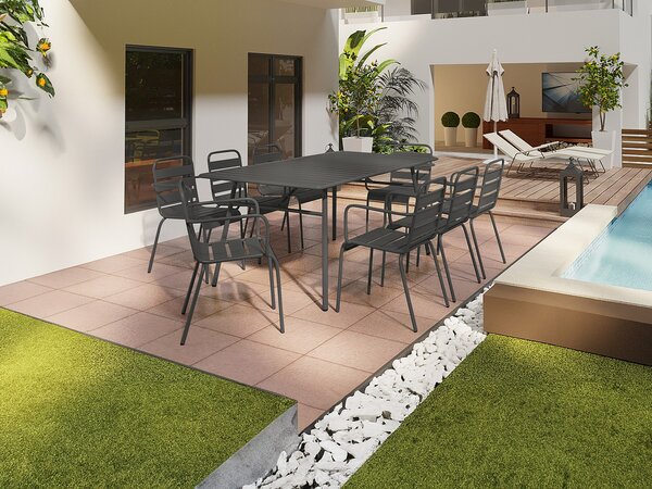 Sala da pranzo da giardino in metallo - un tavolo L.200 cm e 8 sedie impilabili - Grigio scuro - MIRMANDE di MYLIA