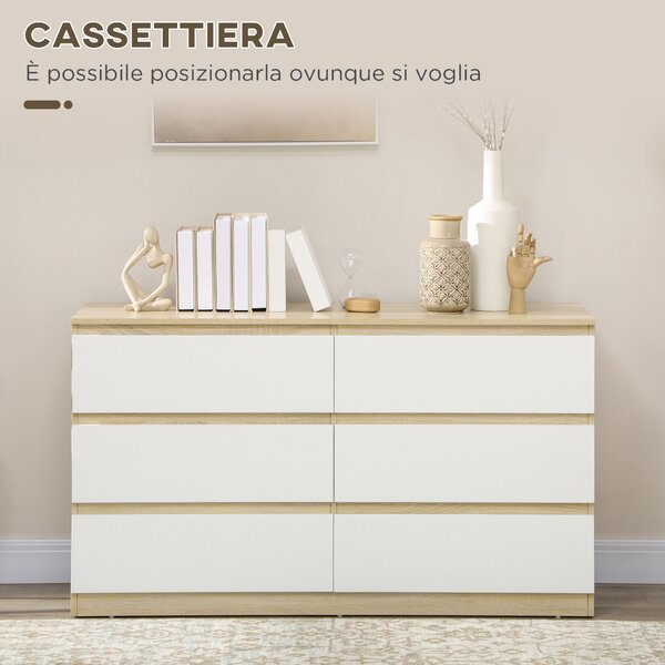 HOMCOM Cassettiera 6 Cassetti Moderna in Legno, 135x48x77cm, Bianco e Colore Legno|Aosom