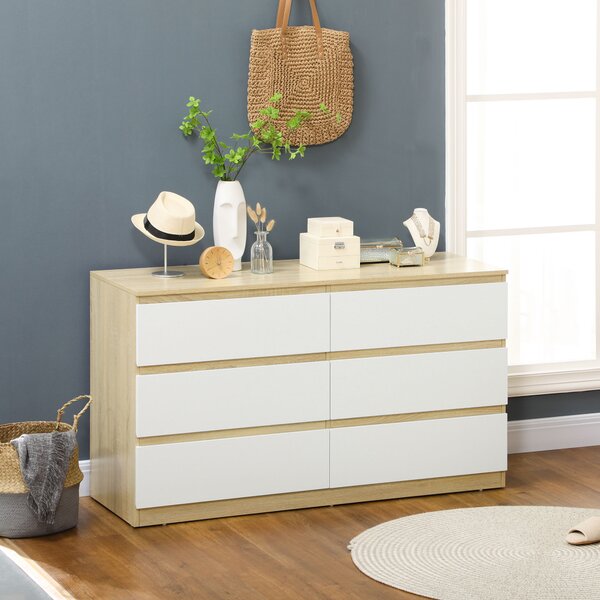 HOMCOM Cassettiera 6 Cassetti Moderna in Legno, 135x48x77cm, Bianco e Colore Legno|Aosom