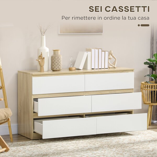HOMCOM Cassettiera 6 Cassetti Moderna in Legno, 135x48x77cm, Bianco e Colore Legno|Aosom