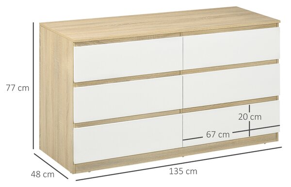 HOMCOM Cassettiera 6 Cassetti Moderna in Legno, 135x48x77cm, Bianco e Colore Legno|Aosom