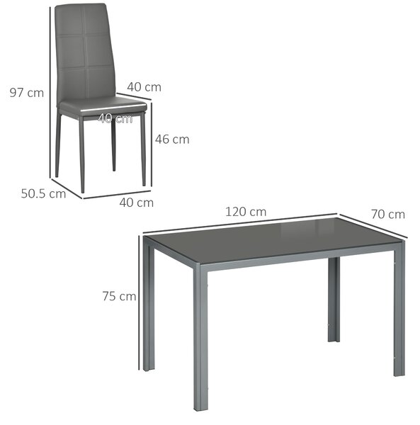 HOMCOM Set 5 Pezzi Tavolo e Sedie da Cucina in Similpelle, Metallo e Vetro Temperato, Sedie Tavolo da Pranzo Moderne, Grigio | Aosom Italy