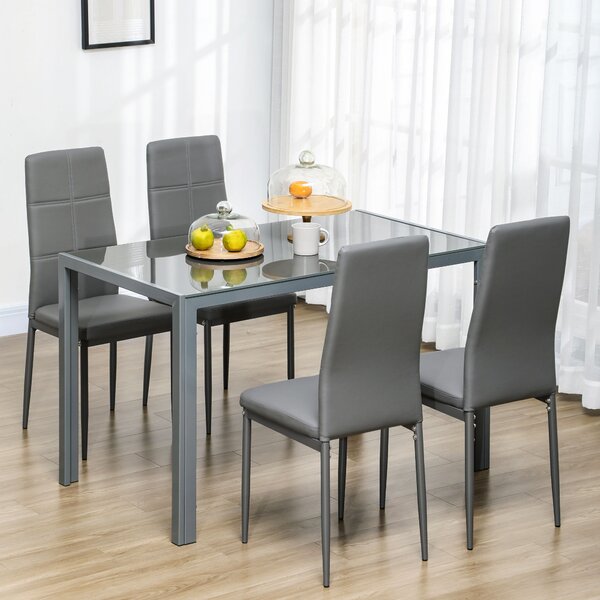 HOMCOM Set 5 Pezzi Tavolo e Sedie da Cucina in Similpelle, Metallo e Vetro Temperato, Sedie Tavolo da Pranzo Moderne, Grigio | Aosom Italy