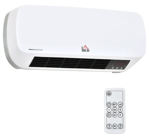 HOMCOM Stufa Ceramica1000W/2000W Elettrica a Parete con Telecomando, Temperatura Regolabile e Timer 12 Ore, Bianco | Aosom Italy