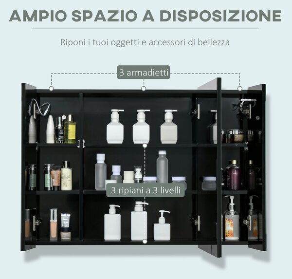 Kleankin Armadietto da Bagno con Specchio a Parete in MDF con 3 Armadietti e Luce LED, 90x15x65 cm, Design Elegante e Funzionale, Nero|Aosom