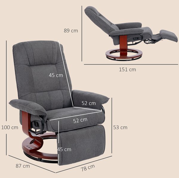HOMCOM Poltrona relax reclinabile poggiapiedi regolabile girevole 360° base in legno tessuto effetto lino grigio | Aosom Italy