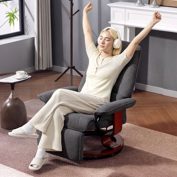 HOMCOM Poltrona relax reclinabile poggiapiedi regolabile girevole 360° base in legno tessuto effetto lino grigio | Aosom Italy
