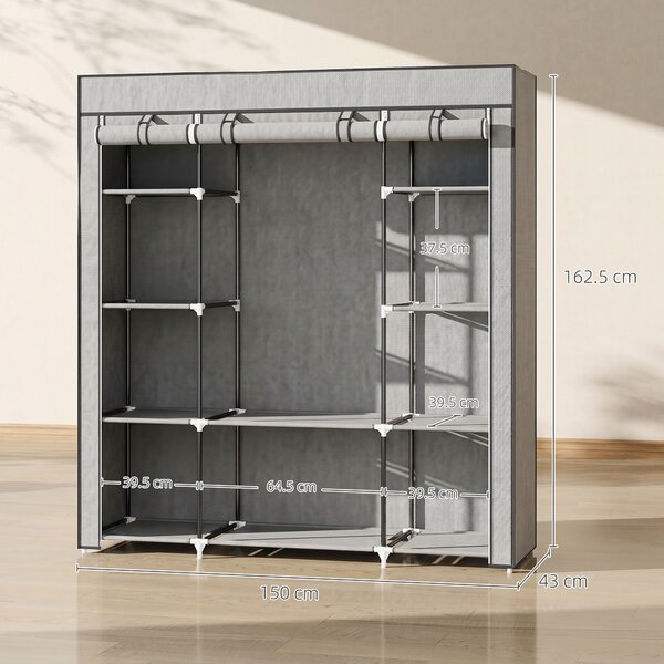 HOMCOM Armadio contenitore appendiabiti in tessuto pieghevole con barra appendiabiti e ripiani, 150 x 43 x 162,5 cm, grigio chiaro | Aosom Italy