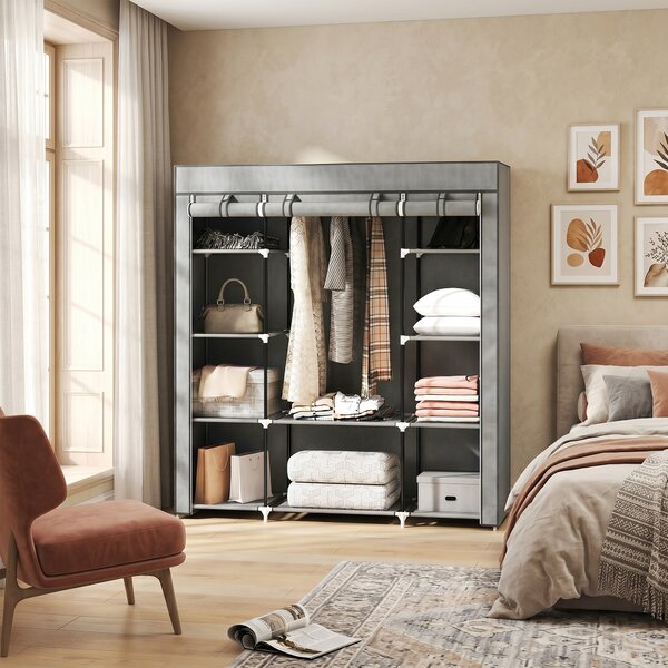 HOMCOM Armadio contenitore appendiabiti in tessuto pieghevole con barra appendiabiti e ripiani, 150 x 43 x 162,5 cm, grigio chiaro | Aosom Italy