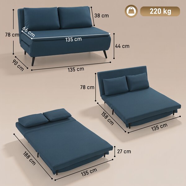 HOMCOM Divano Letto 2 Posti, Divano-Letto Clic-Clac 3 in 1 con Schienale Regolabile, Cuscino, Seduta Ampia, Blu | Aosom Italy