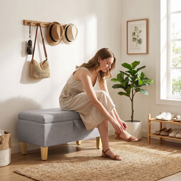 HOMCOM Panca contenitore, panca a fine letto, poggiapiedi imbottito in lino con gambe in legno di gomma, 71x37x36cm, grigio chiaro | Aosom Italy