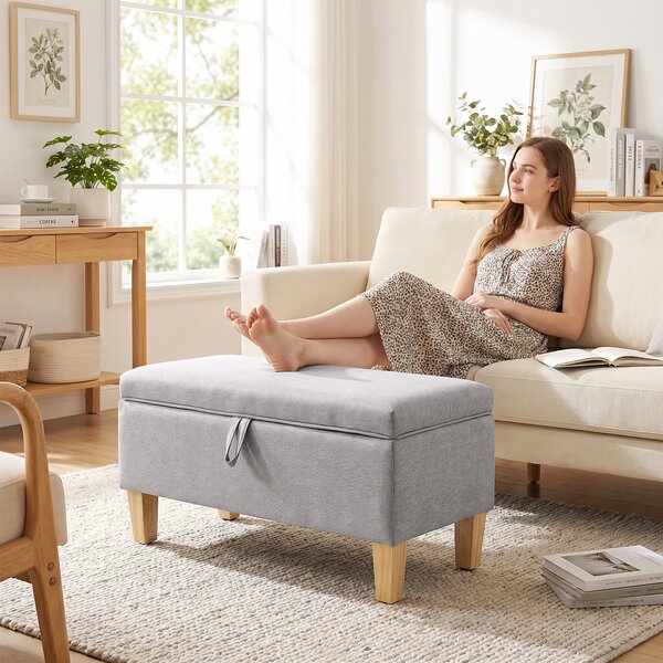 HOMCOM Panca contenitore, panca a fine letto, poggiapiedi imbottito in lino con gambe in legno di gomma, 71x37x36cm, grigio chiaro | Aosom Italy