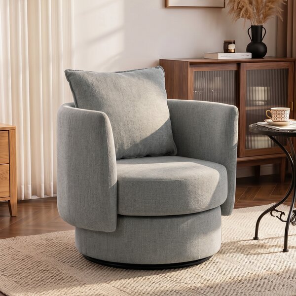 HOMCOM Poltrona d'accento con base girevole 360°, club chair in tessuto effetto lino con cuscino grigio chiaro | Aosom Italy