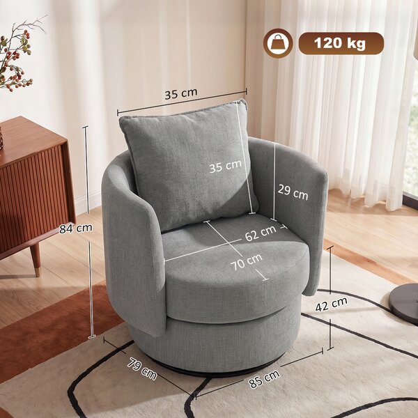HOMCOM Poltrona d'accento con base girevole 360°, club chair in tessuto effetto lino con cuscino grigio chiaro | Aosom Italy