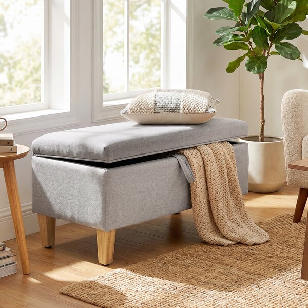 HOMCOM Panca contenitore, panca a fine letto, poggiapiedi imbottito in lino con gambe in legno di gomma, 71x37x36cm, grigio chiaro | Aosom Italy