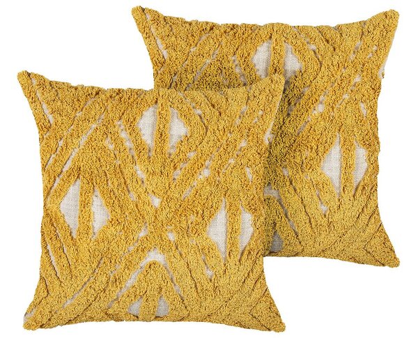 Set di 2 cuscini decorativi cotone fiammato giallo 45 x 45 cm motivo geometrico trapuntato ricamato sfoderabile con imbottitura boho style Beliani