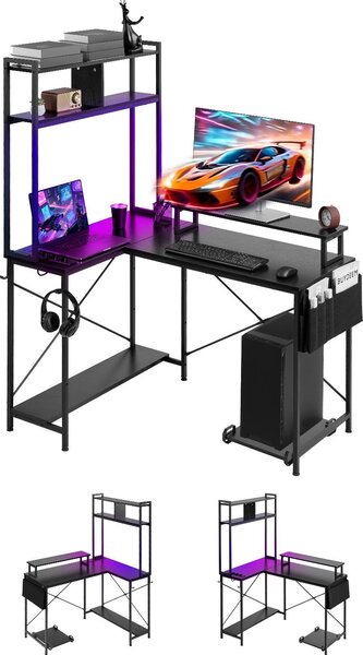 Scrivania da gaming - Scrivania angolare per computer a forma di L 120 cm - Con supporto per monitor - Prese integrate - Supporto PC scorrevole - Ripiano - Portata 68 kg - Per l'ufficio domestico
