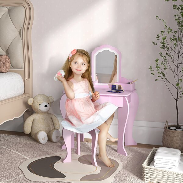 ZONEKIZ Set Toeletta per Bambina con Specchio Trucco e Sgabello Abbinato in Legno, Cassetto e Contenitori, Rosa | Aosom Italy