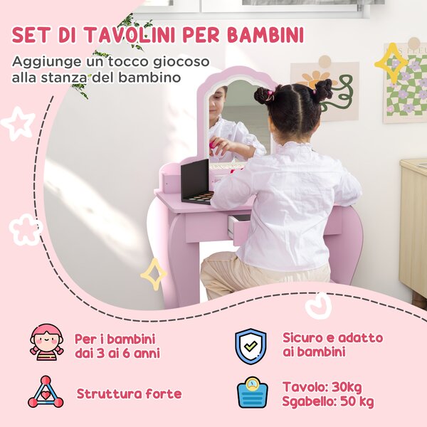 ZONEKIZ Set Toeletta per Bambina con Specchio Trucco e Sgabello Abbinato in Legno, Cassetto e Contenitori, Rosa | Aosom Italy