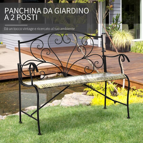 Outsunny Panchina in Ferro da Giardino , Panca da Esterno in Stile Vintage 2 Posti, 100x 50x88cm, Nero|Aosom
