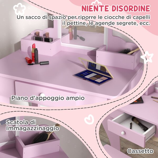 ZONEKIZ Set Toeletta per Bambina con Specchio Trucco e Sgabello Abbinato in Legno, Cassetto e Contenitori, Rosa | Aosom Italy