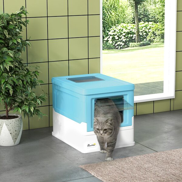 PawHut Lettiera per Gatti Chiusa con Paletta, Vassoio Estraibile e 2 Porte, 47.5x35.5x36.7cm, Azzurro | Aosom Italy