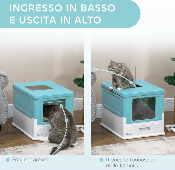 PawHut Lettiera per Gatti Chiusa con Paletta, Vassoio Estraibile e 2 Porte, 47.5x35.5x36.7cm, Azzurro | Aosom Italy