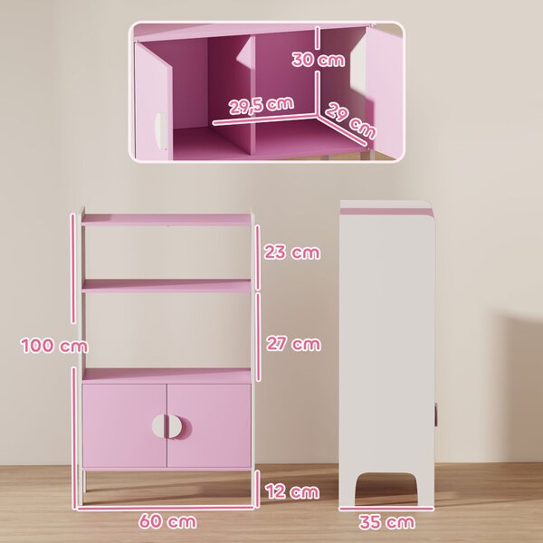 AIYAPLAY Libreria per bambini, 2 Ripiani, 2 Armadietti, autoportante, Design anti-ribaltamento, Piedini antiscivolo, MDF, Rosa+bianco | Aosom Italy