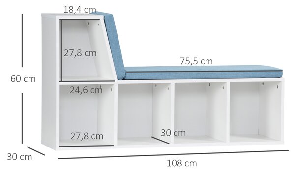 HOMCOM Libreria banco 2 in 1 con 5 compartimenti di archiviazione e 2 cuscini 108 x 30 x 60 cm bianco e blu | Aosom Italy