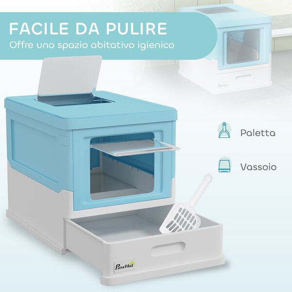 PawHut Lettiera per Gatti Chiusa con Paletta, Vassoio Estraibile e 2 Porte, 47.5x35.5x36.7cm, Azzurro | Aosom Italy