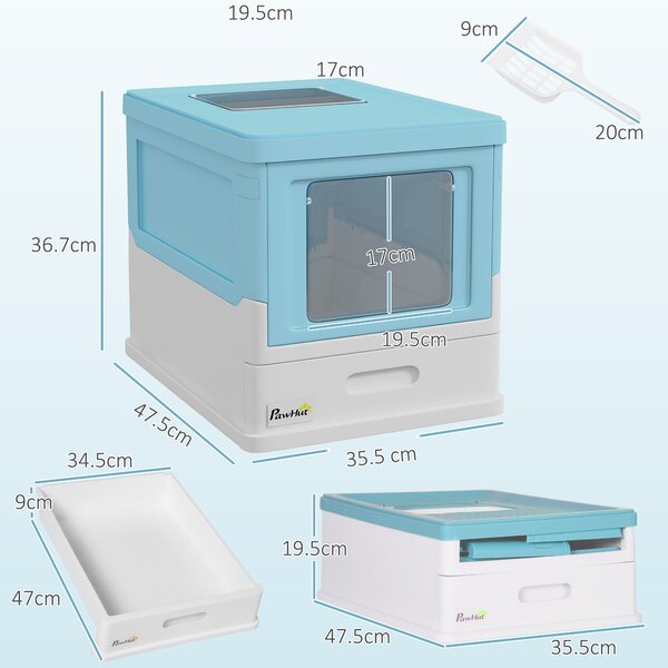 PawHut Lettiera per Gatti Chiusa con Paletta, Vassoio Estraibile e 2 Porte, 47.5x35.5x36.7cm, Azzurro | Aosom Italy