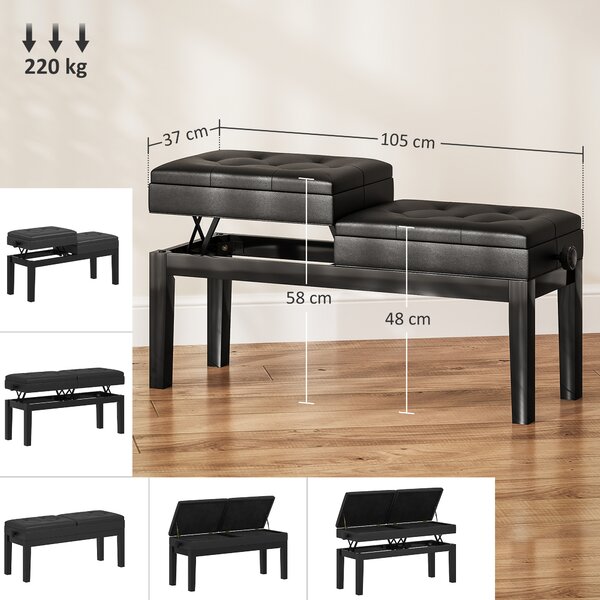 HOMCOM Panca per pianoforte, Pelle sintetica, sedile doppio regolabile, vano contenitore, Nero