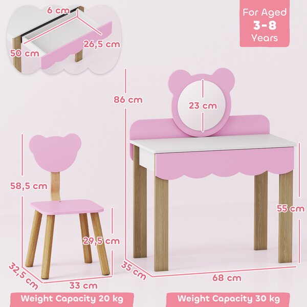 AIYAPLAY Set Frisiertisch con Sgabello per Bambini, Specchio da Trucco, Design Orsetto, Cassetto, MDF, Rosa | Aosom Italy