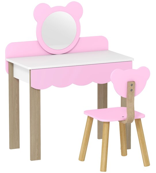 AIYAPLAY Set Frisiertisch con Sgabello per Bambini, Specchio da Trucco, Design Orsetto, Cassetto, MDF, Rosa | Aosom Italy