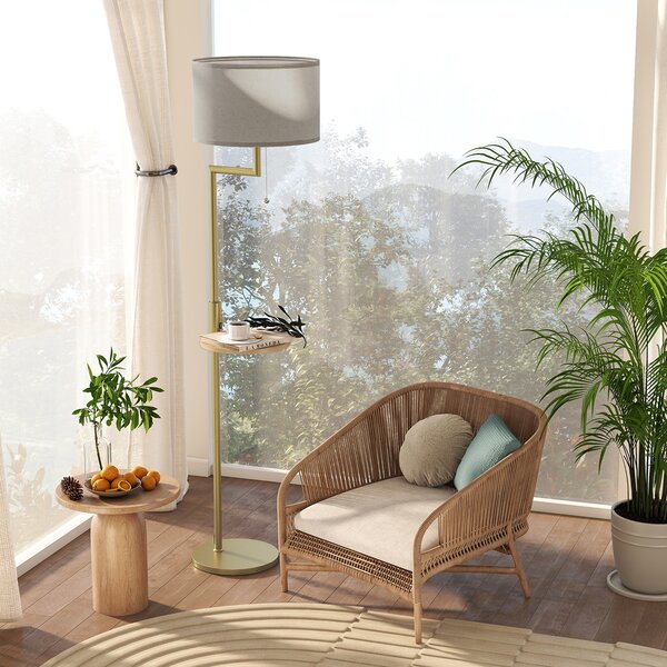 HOMCOM Lampada da Terra Moderna con Mensola, Paralume in Lino, Interruttore a Catena e Porta USB Ø40x170 cm, Oro | Aosom Italy