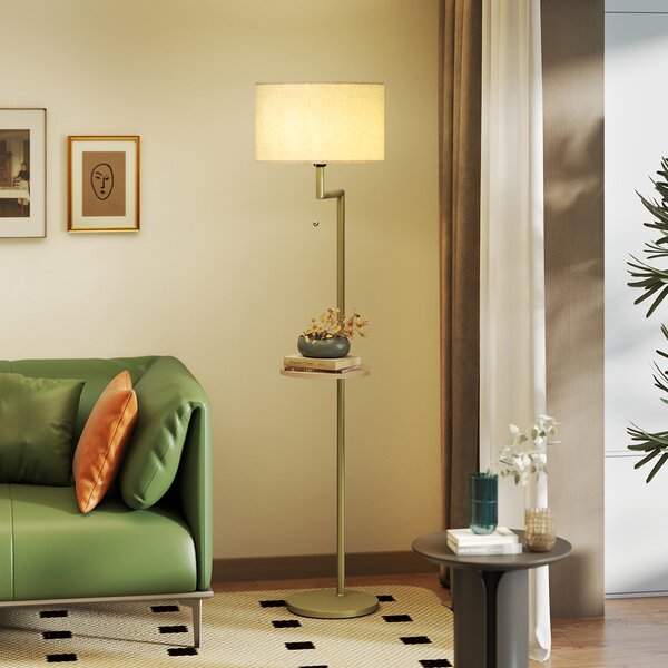 HOMCOM Lampada da Terra Moderna con Mensola, Paralume in Lino, Interruttore a Catena e Porta USB Ø40x170 cm, Oro | Aosom Italy