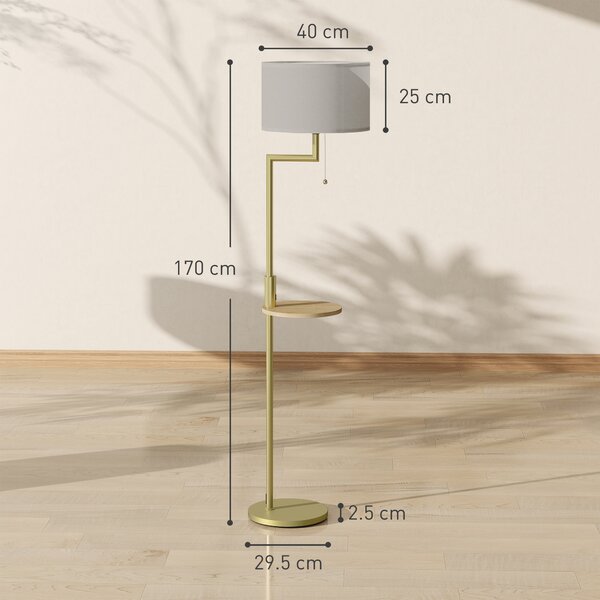 HOMCOM Lampada da Terra Moderna con Mensola, Paralume in Lino, Interruttore a Catena e Porta USB Ø40x170 cm, Oro | Aosom Italy