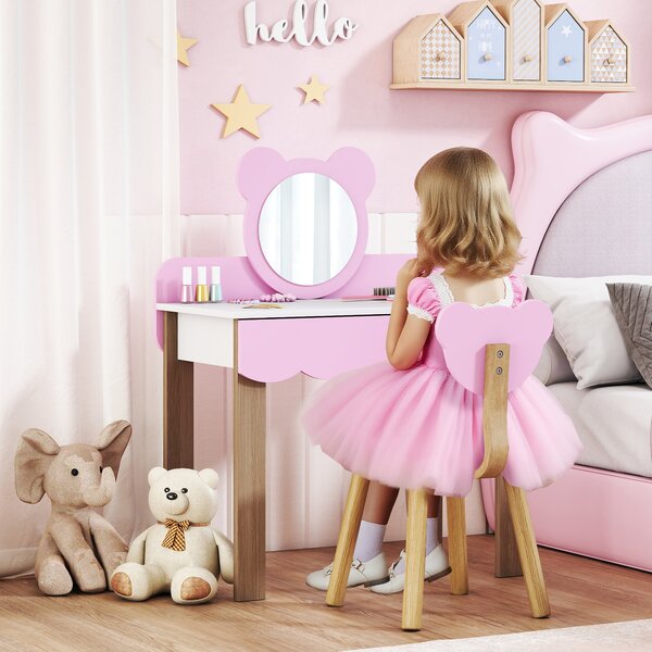 AIYAPLAY Set Frisiertisch con Sgabello per Bambini, Specchio da Trucco, Design Orsetto, Cassetto, MDF, Rosa | Aosom Italy