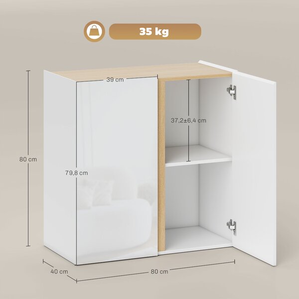 HOMCOM Buffet a alta brillantezza, mobile da archiviazione con 2 porte a chiusura ammortizzata e ripiano regolabile, 80x40x80cm, bianco | Aosom Italy