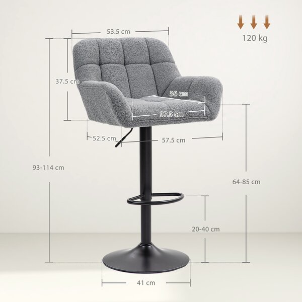 HOMCOM Sgabello da Bar 2er-Set Design Retrò regolabile in altezza Velluto Grigio + Nero | Aosom Italy