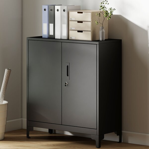 HOMCOM Armadietto da ufficio in metallo, porte chiudibili, cassettiera da ufficio, design a due livelli, Nero | Aosom Italy