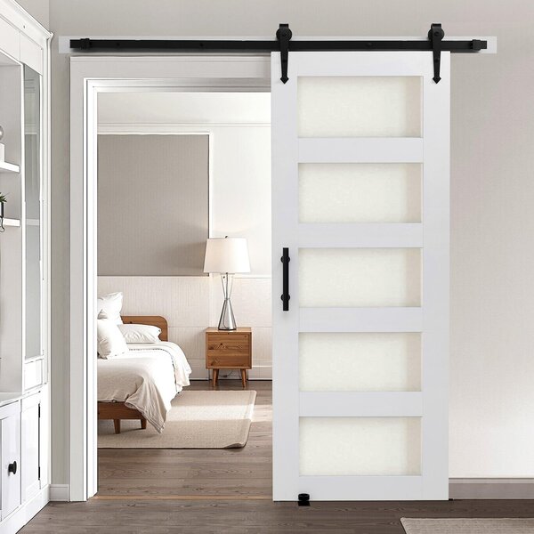 Porta scorrevole a libro - Set porta interna - Dimensioni 76,2 x 213,4 cm - MDF e vetro satinato - Superficie in PVC impermeabile - Con set di ferramenta - Telaio a H - Per bagno