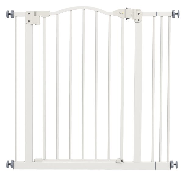 PawHut Cancelletto per Cani Estensibile con 2 Blocchi e Chiusura Automatica, in Metallo e Plastica, 74-87x78 cm, Bianco